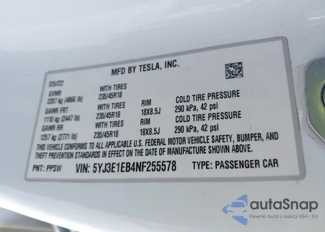 2022 Tesla Model 3 Long Range Dual Motor All-Wheel Drive from USA, damaged, VIN 5YJ3E1EB4NF255578